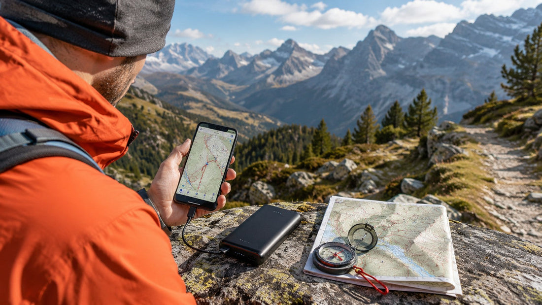Offline-Wandernavigation: Smartphone, Powerbank, Karte & Kompass