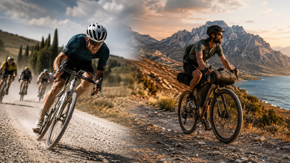 Renn-Gravelbikes vs. Reise-Gravelbikes: Geometrie, Komfort und Taschen