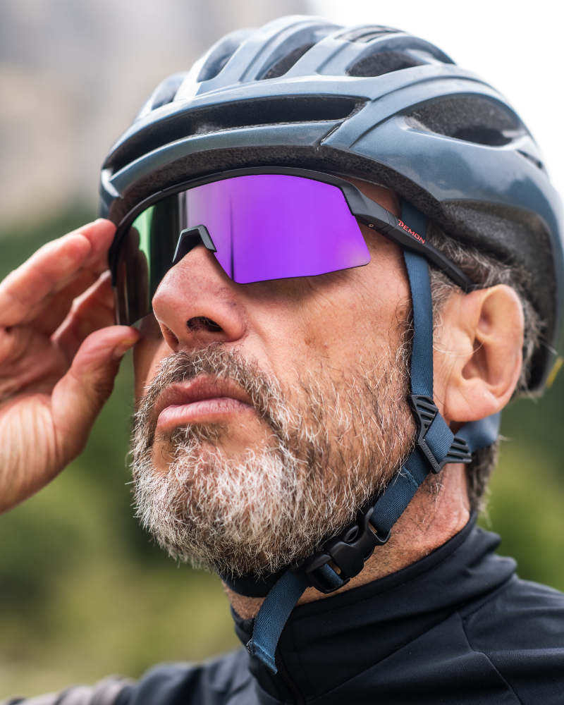 Cycling glasses for road and MTB with purple mirrored lens