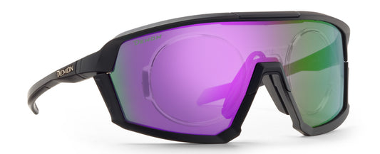 Women sport prescription glasses with a purple mirrored shield lens Gravel model matte black