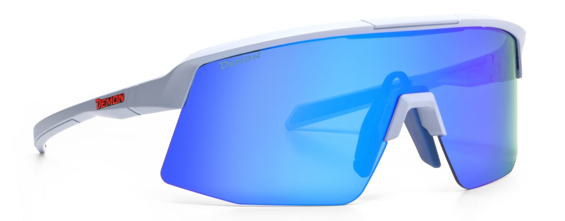 Wraparound cycling glasses with blue mirrored lens Roubaix model matte ice color