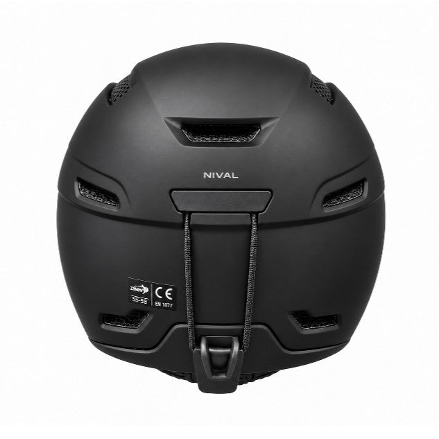 Rear view of DMN NIVAL matte black ski helmet featuring integrated ventilation openings and a secure rear ski goggle strap retainer.