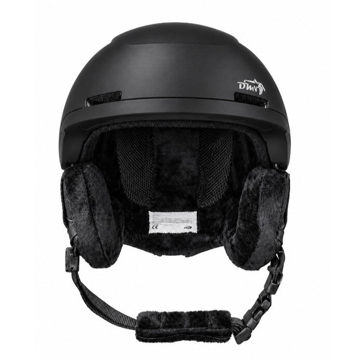 Interior of DMN NIVAL ski helmet with removable washable antibacterial padding, insulated ear pads and adjustable chin strap buckle.