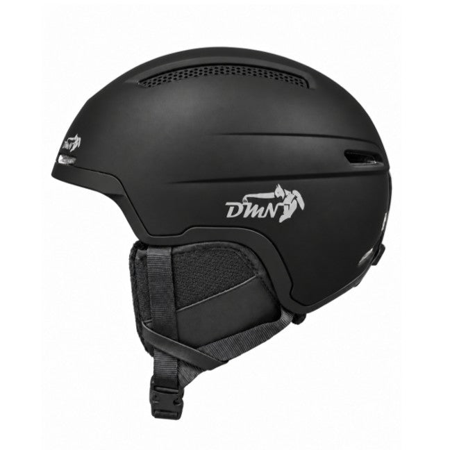 DMN NIVAL unisex ski and snowboard helmet in matte black, showing its ergonomic side profile, insulated ear pads and adjustable chin strap.