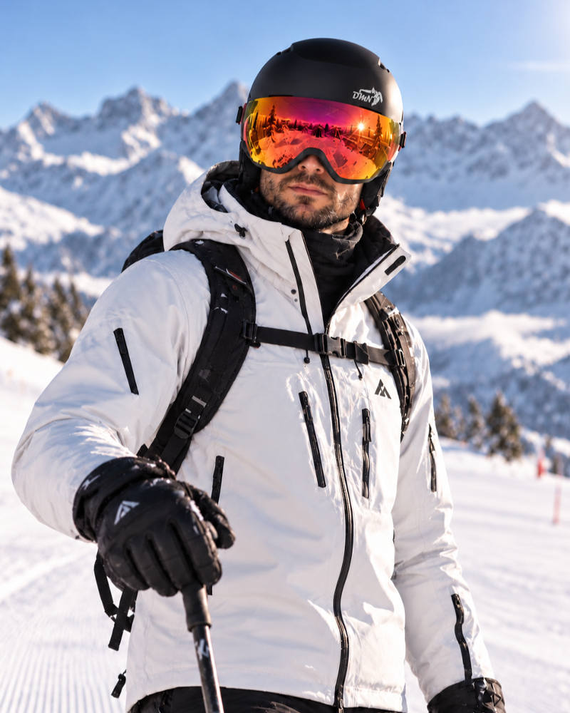 Male skier on an alpine ski slope wearing DMN NIVAL-V black ski helmet with integrated REVO Mirror Red S2 visor and white ski jacket.