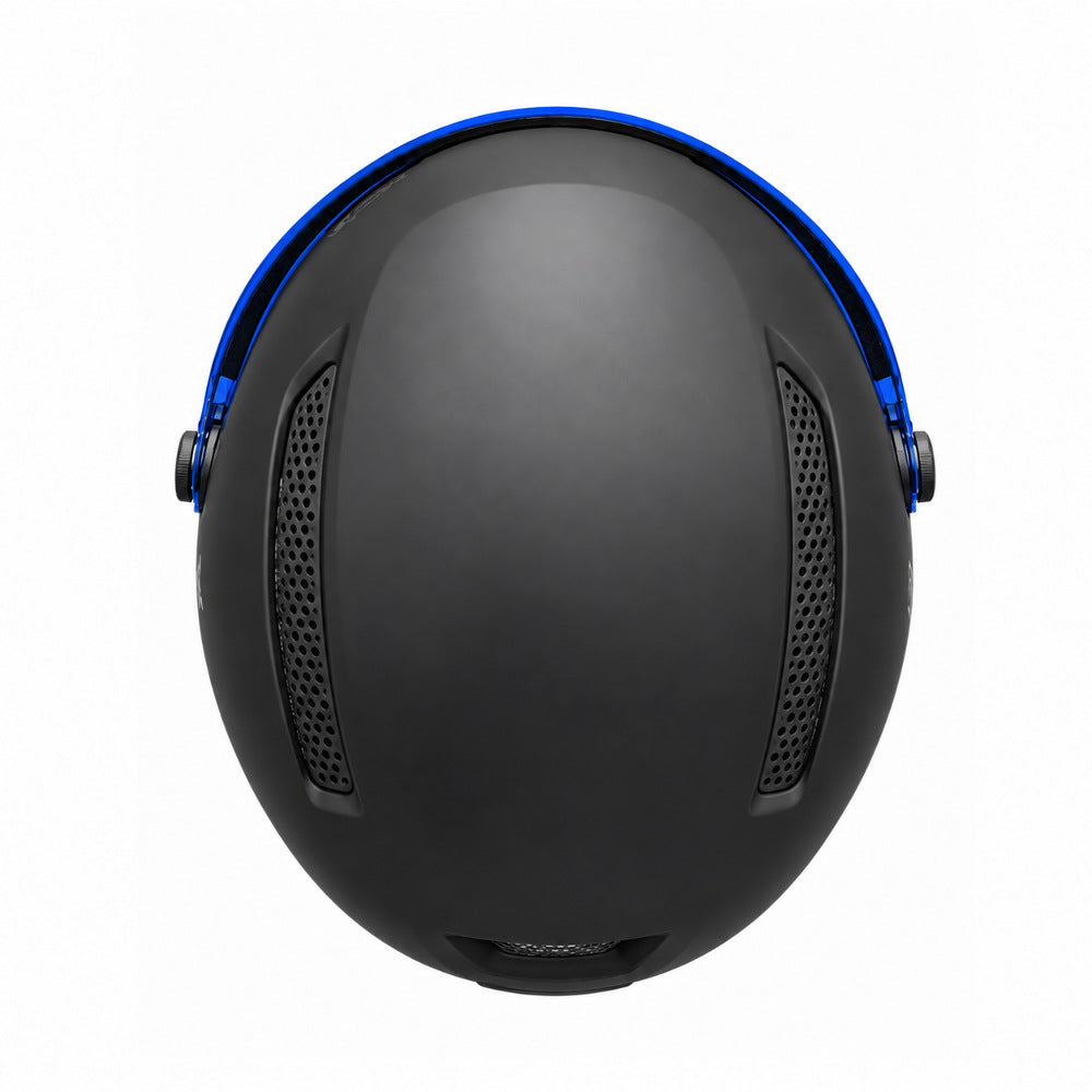 Top view of DMN NIVAL-V matte black ski helmet featuring Double In-Mould construction, integrated ventilation system and blue visor edges