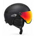 Side view of DMN NIVAL-V matte black ski and snowboard helmet with REVO Mirror Red integrated S2 visor, padded ear protection and ventilation.