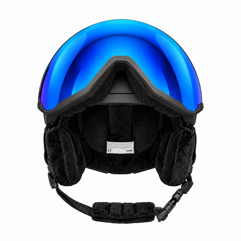 Interior view of DMN NIVAL-V ski helmet with removable washable antibacterial padding, cushioned ear pads and integrated blue mirrored visor.
 Copia ALT