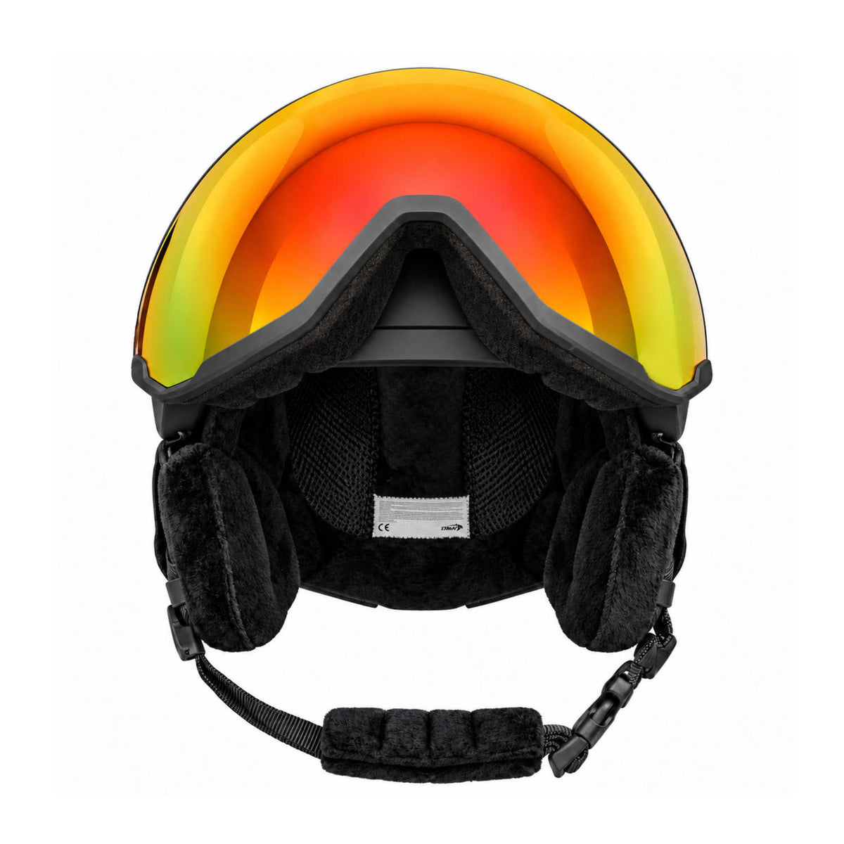 Interior view of DMN NIVAL-V ski helmet showing removable washable antibacterial padding, cushioned ear pads and integrated red mirrored visor.