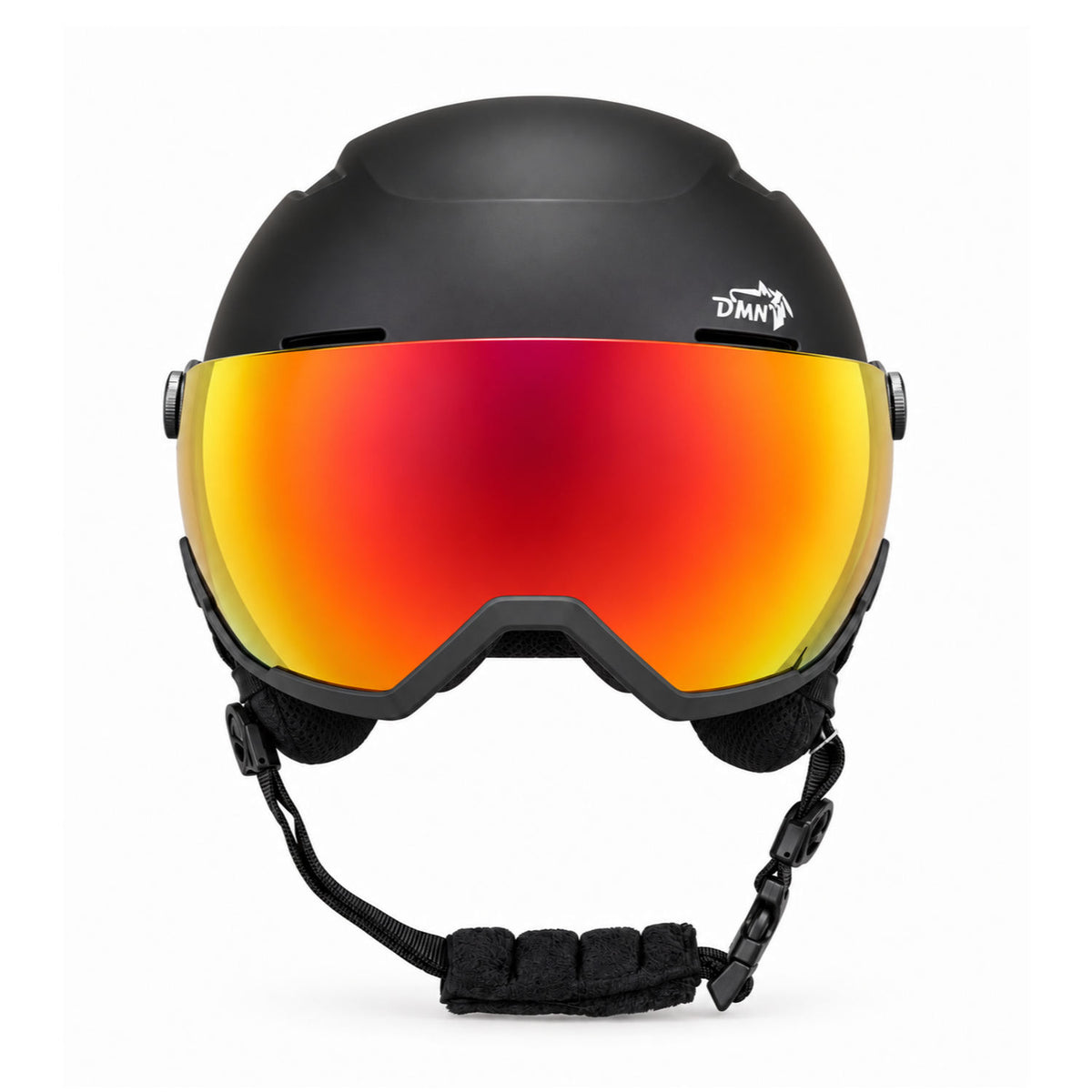 Front view of DMN NIVAL-V matte black ski and snowboard helmet with REVO Mirror Red integrated visor, category S2 and 25% VLT.
