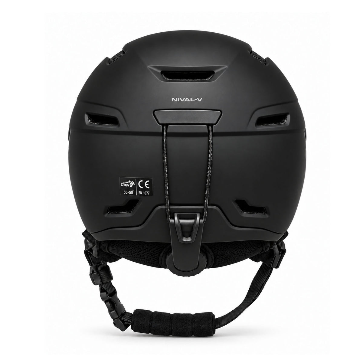 Rear view of DMN NIVAL-V black snowboard helmet featuring ventilation openings, integrated goggle retainer and adjustable chin strap.