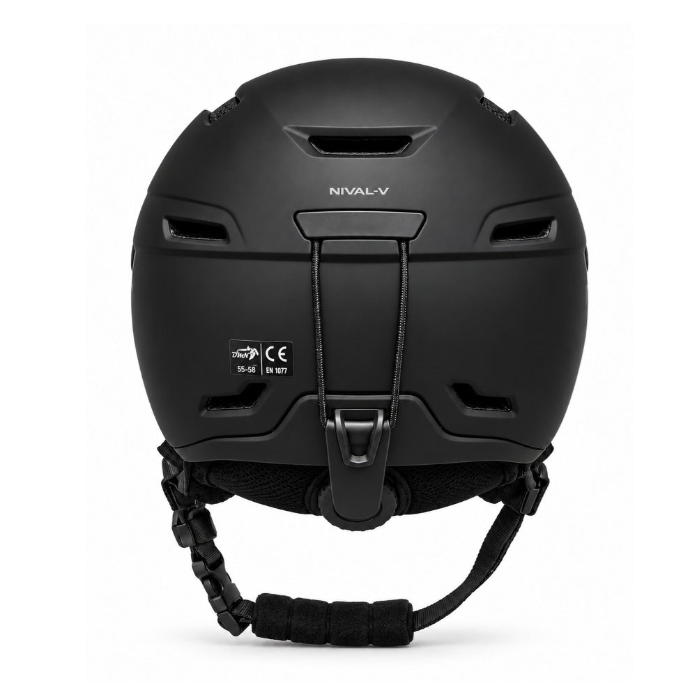 Rear view of DMN NIVAL-V matte black snowboard helmet showing ventilation openings, rear goggle retainer, padded lining and adjustable chin strap.