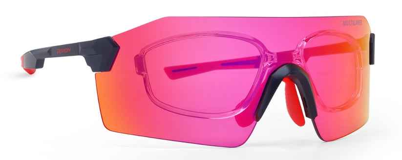 Gafas para ciclismo con lentes rojas espejadas y clip de visión ultraligera.