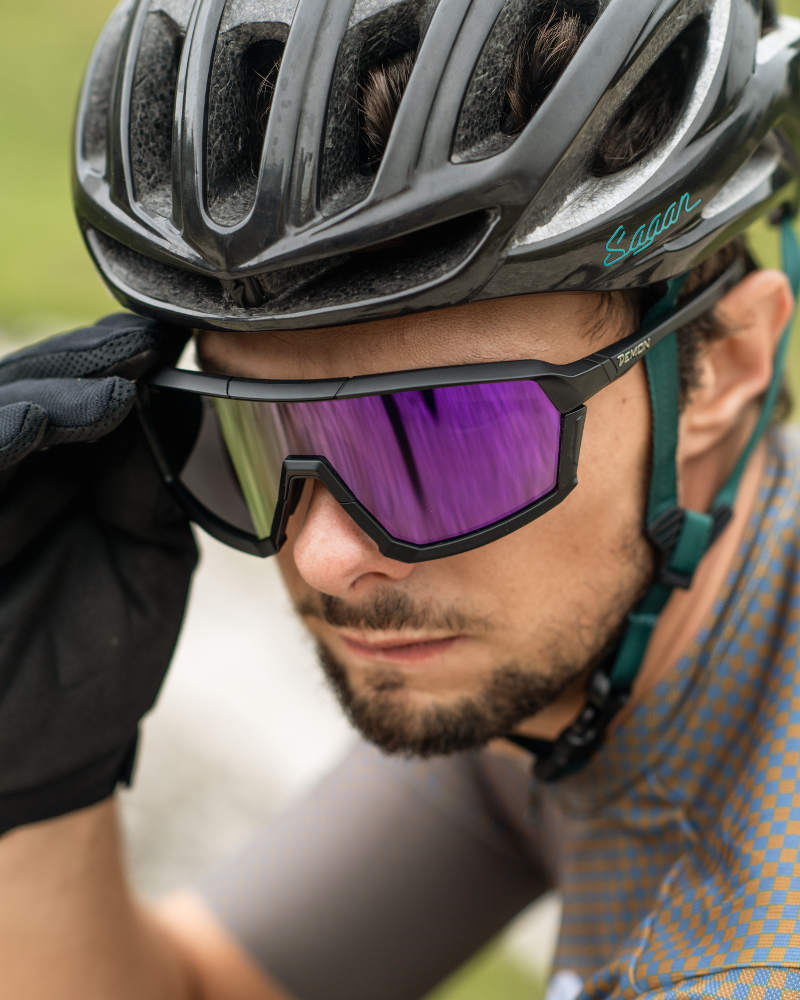 gravel bike glasses with purple mirrored lens gravel model matt black color