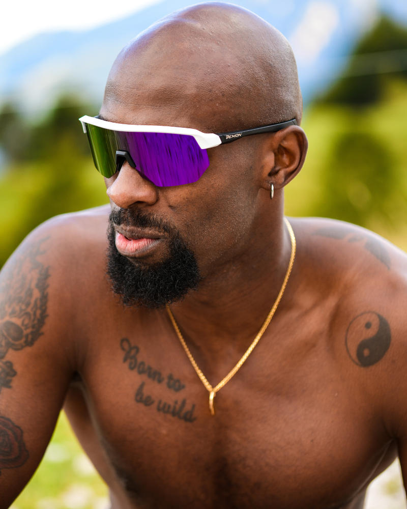 mask style sunglasses for running purple mirrored lens fiandre model