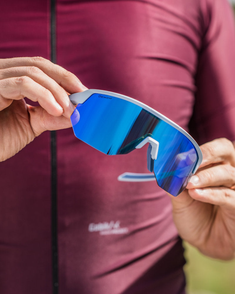 cycling shield sunglasses with blue mirrored lens