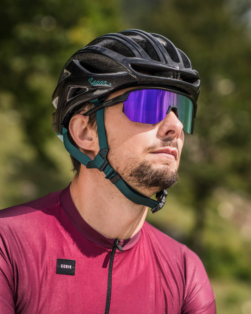 prescription cycling glasses with purple mirrored lenses
