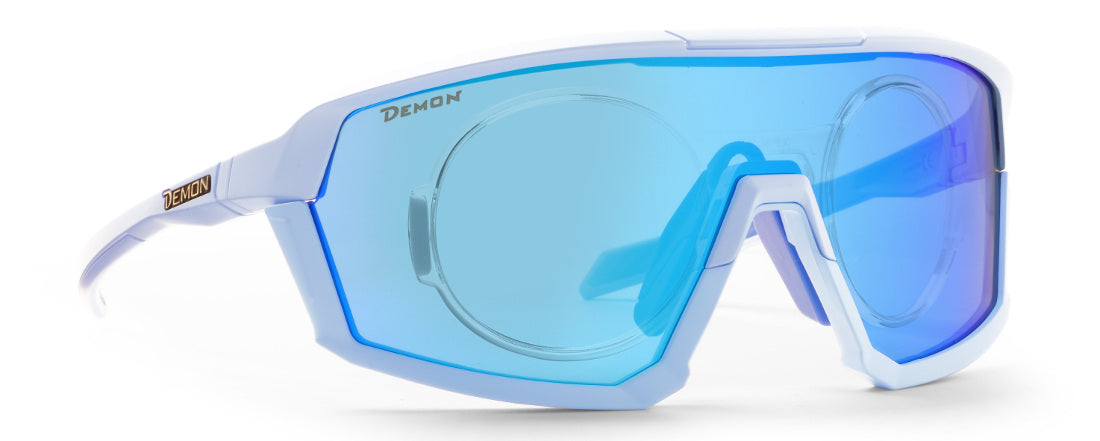 sport prescription glasses with a purple mirrored shield lens Gravel model matt ice