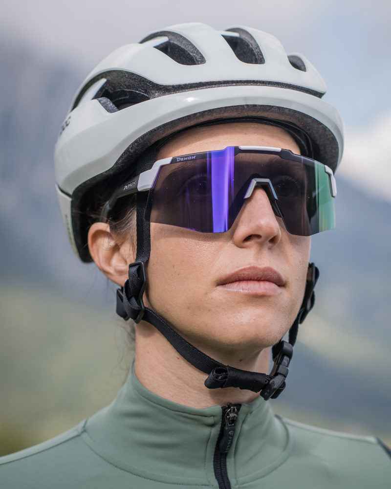 women cycling sunglasses with purple mirrored lens liegi model