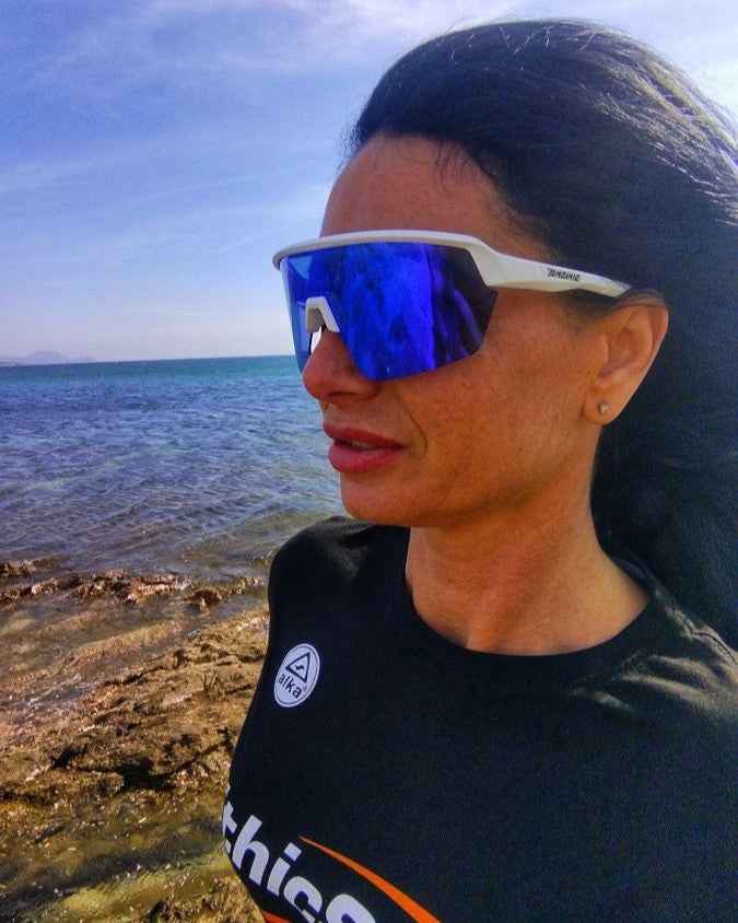 Gafas de running para mujer, lentes de espejo, color blanco, modelo grava